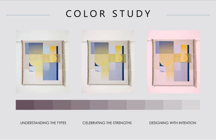 Graphic titled 'Color Study' showing three abstract geometric artworks side by side, with a horizontal gradient bar below ranging from dark to light shades. Text under the gradient reads: 'Understanding the Types,' 'Celebrating the Strengths,' and 'Designing with Intention.