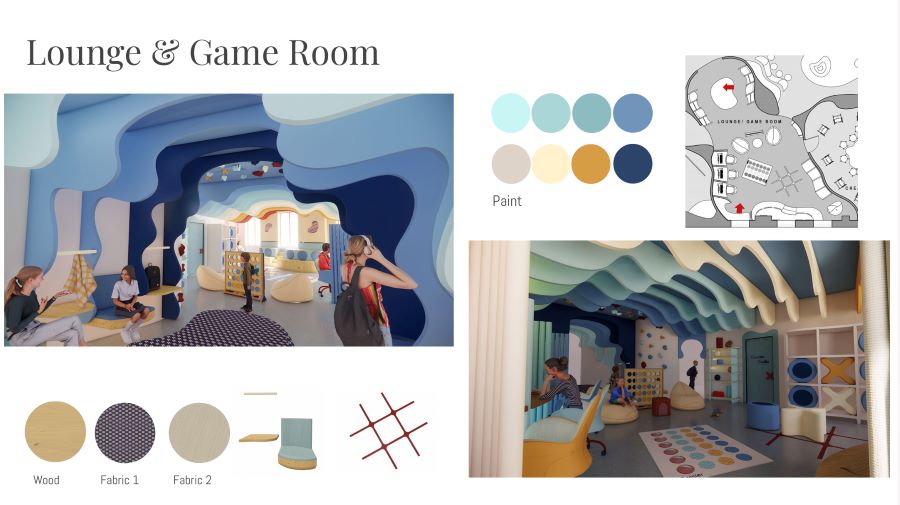 Design board labeled 'Lounge & Game Room' showing renderings of a room with wavy blue ceiling panels, colorful furniture, and people interacting in the space. The board includes a color palette, fabric and material samples, and a small floor plan in the corner.