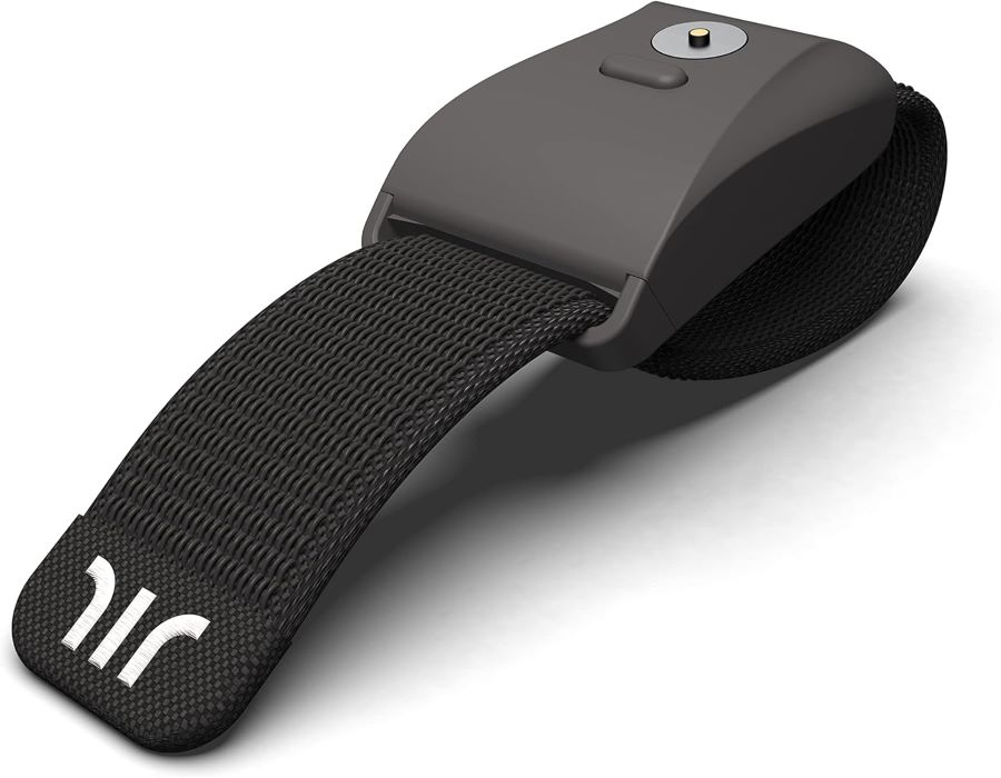 A black wearable device with a black adjustable fabric strap and a rectangular sensor unit on top. The strap includes a white logo at its tip.