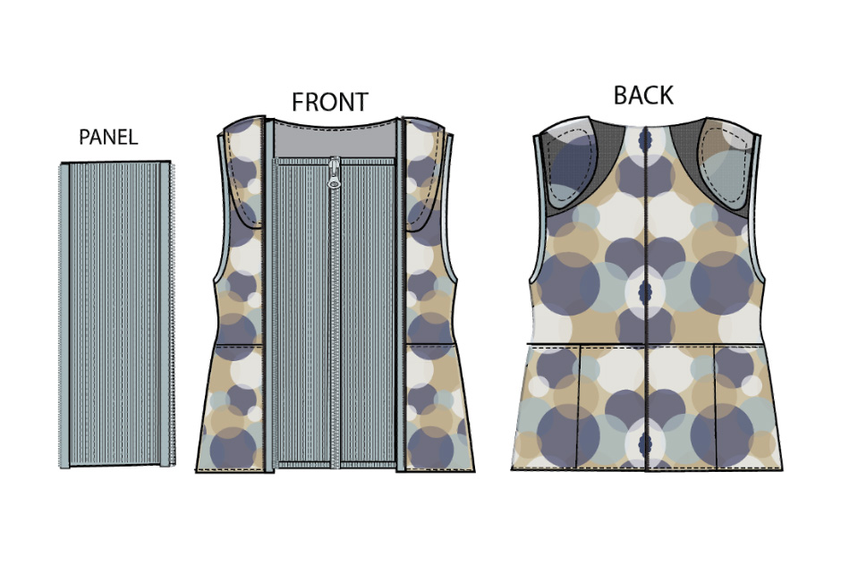 two-dimensional garment construction pattern detailing front, back, and the compression panel.