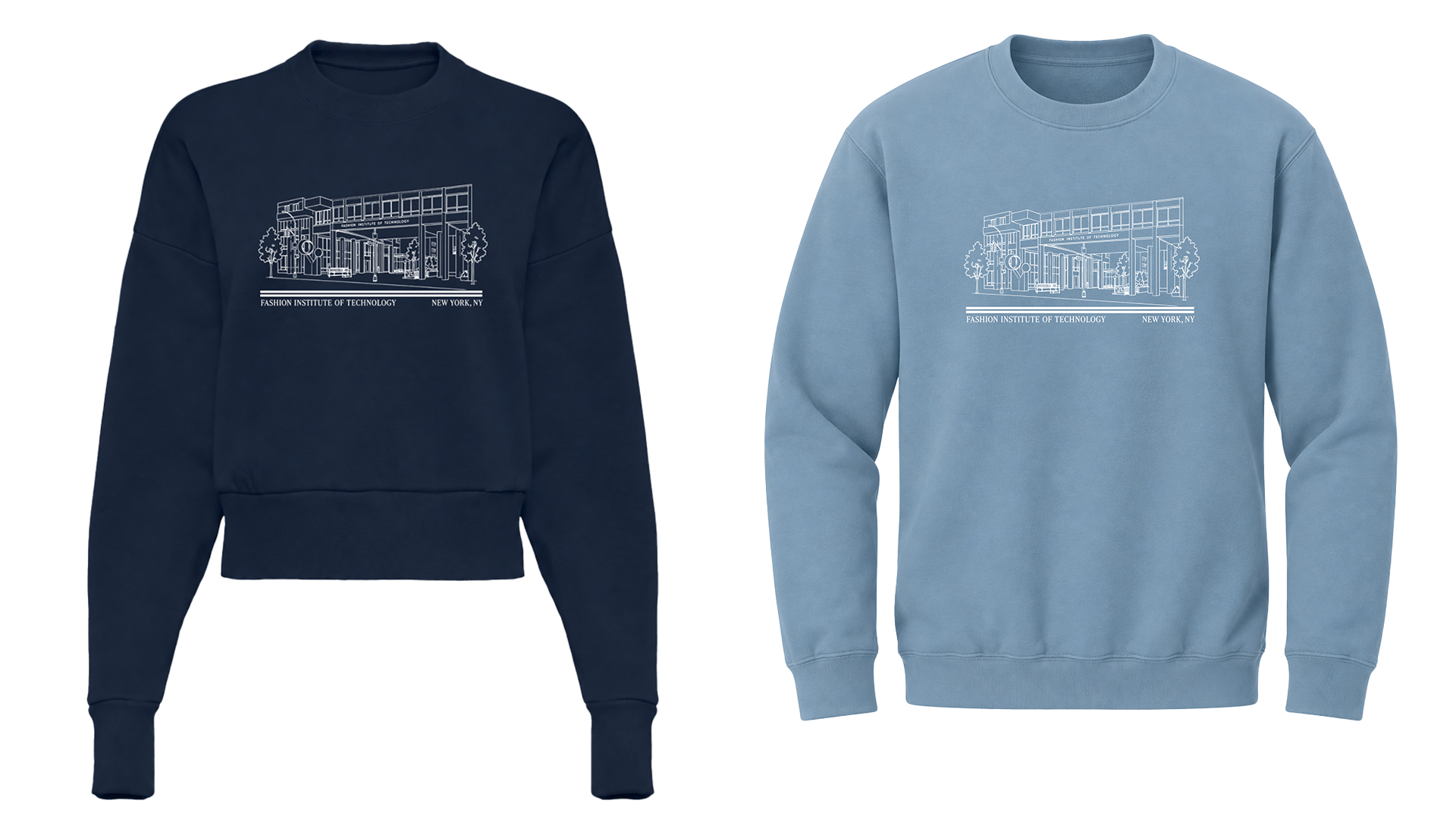 navy blue cropped sweatshirt and stone blue crewneck with an illustration in white of FIT's campus.