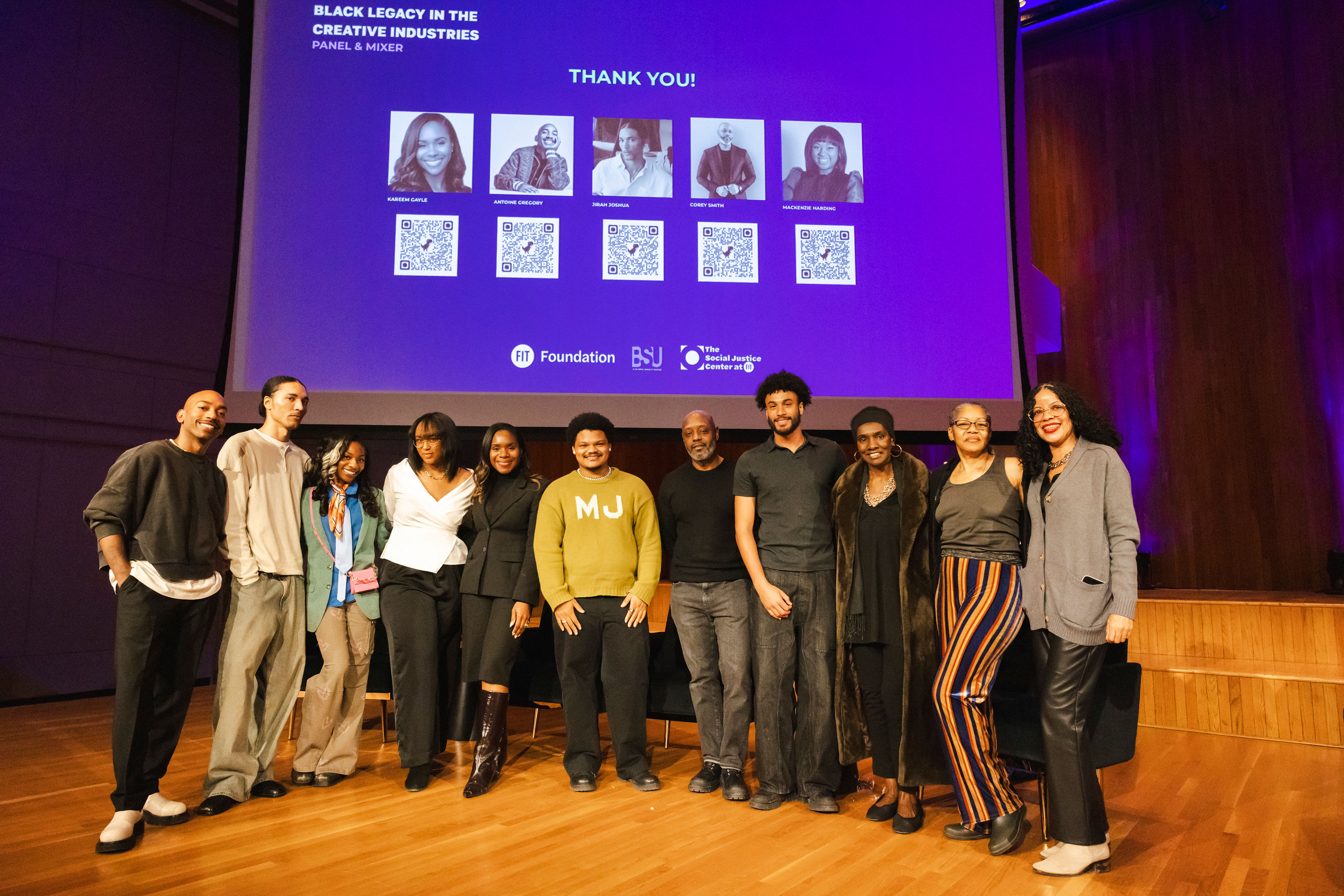 Group photo of moderator, panelists, and team behind FIT's 2026 Black History Month panel and mixer.