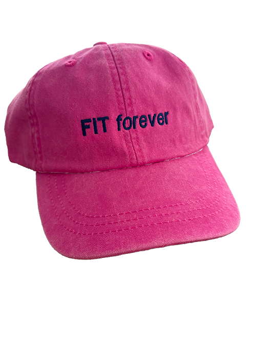 FIT pink hat with "FIT forever" embroidered in navy blue thread.