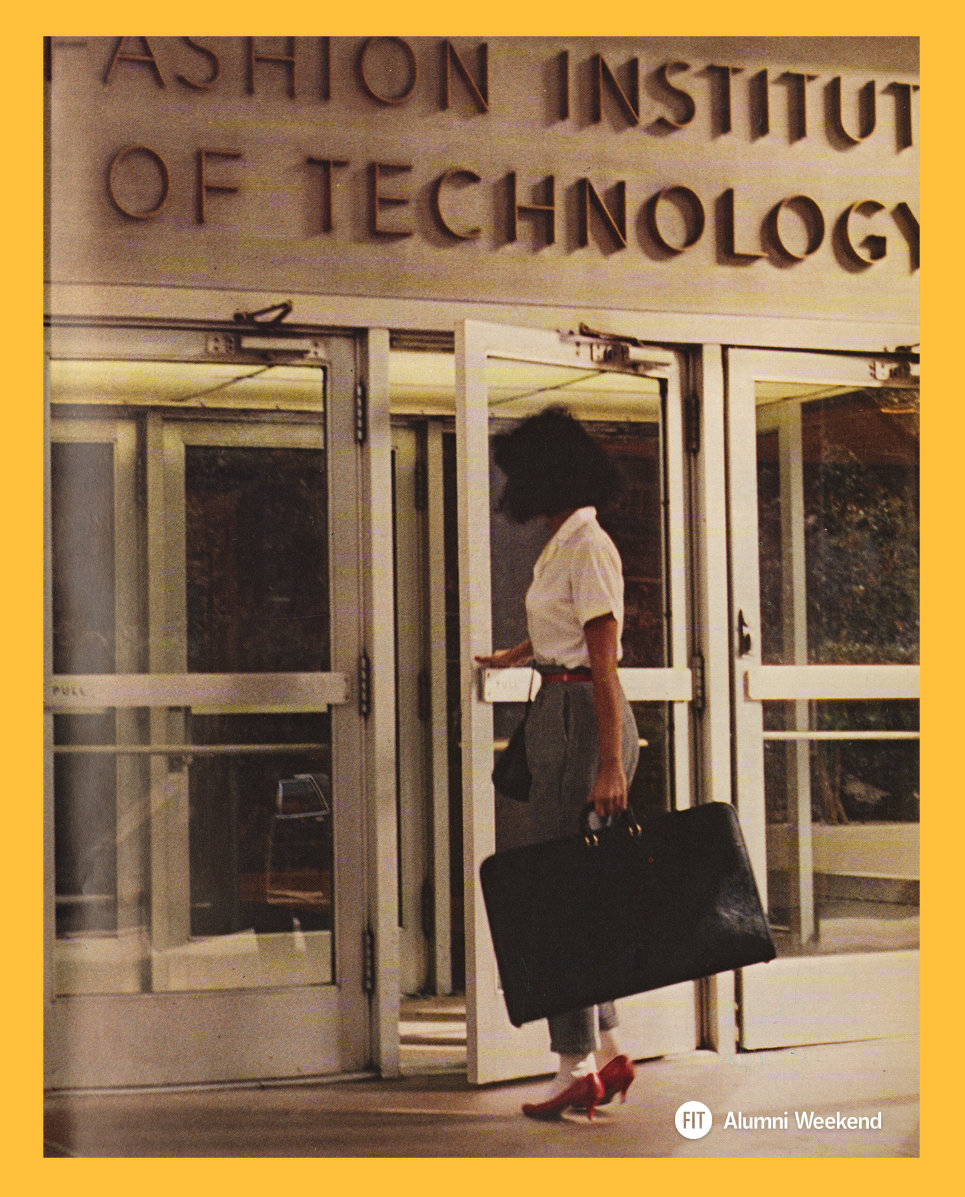 image of student entering Feldman Center from 1984 FIT yearbook "Portfolio"
