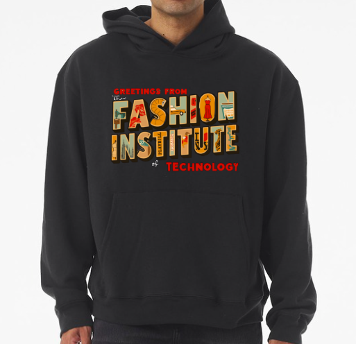 Male model wearing a black sweatshirt that reads "Greetings from the Fashion Institute of Technology" that resembles a vintage postcard.