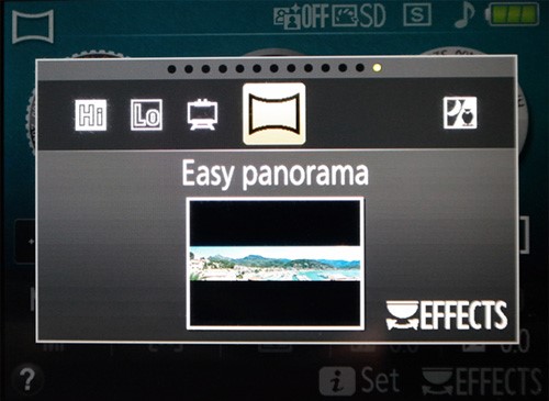 Image of Nikon D3300 screen displaying extra features such as panoramic photos.