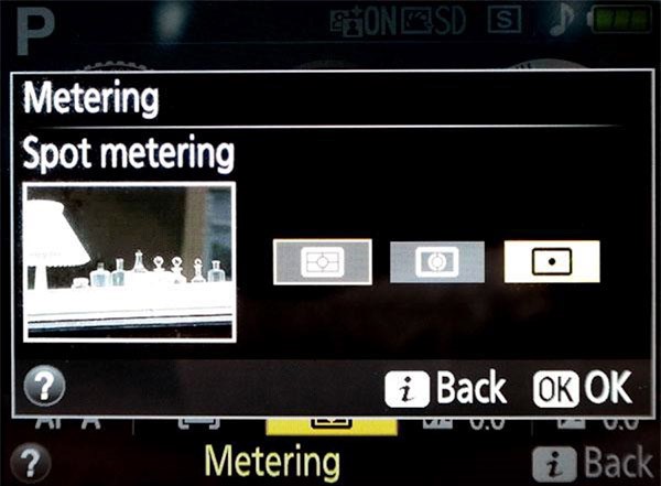 Image of Nikon D3300 metering menu on screen