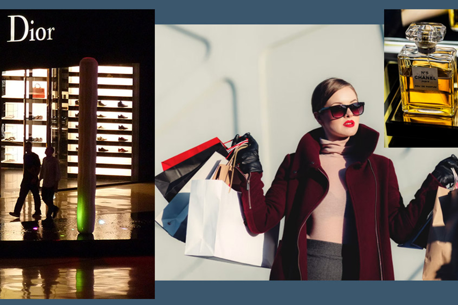 store front and shopper with bags and a perfume bottle