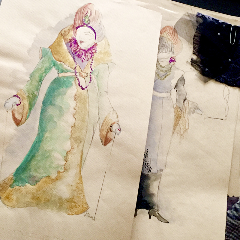 The renderings are by Joshua Burns from the play The Visit a tragi-comedy by Friedrich Durrenmatt; Character: Claire Zachamastian; opening scene, Act I; medium: watercolor and ink