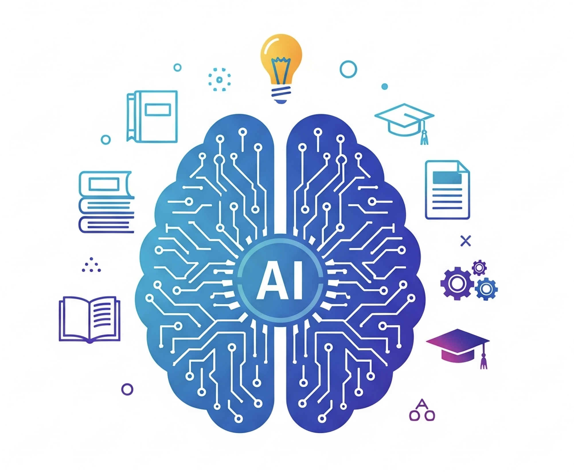 AI symposium image with a brain and academic images like books and caps.