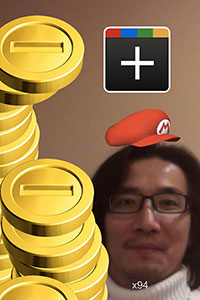 image of man with glasses and digital Mario hat above head and gold coins along left side of image