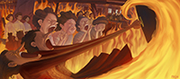 This final art for an animation captures the horror and the fight to leave the flaming factory.