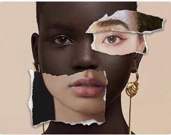 Fenty Beauty For All poster with woman with half light and dark skin tone