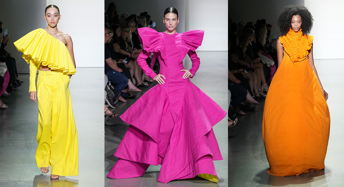 yellow, pink, and orange dresses designed by Bryan Barrientos