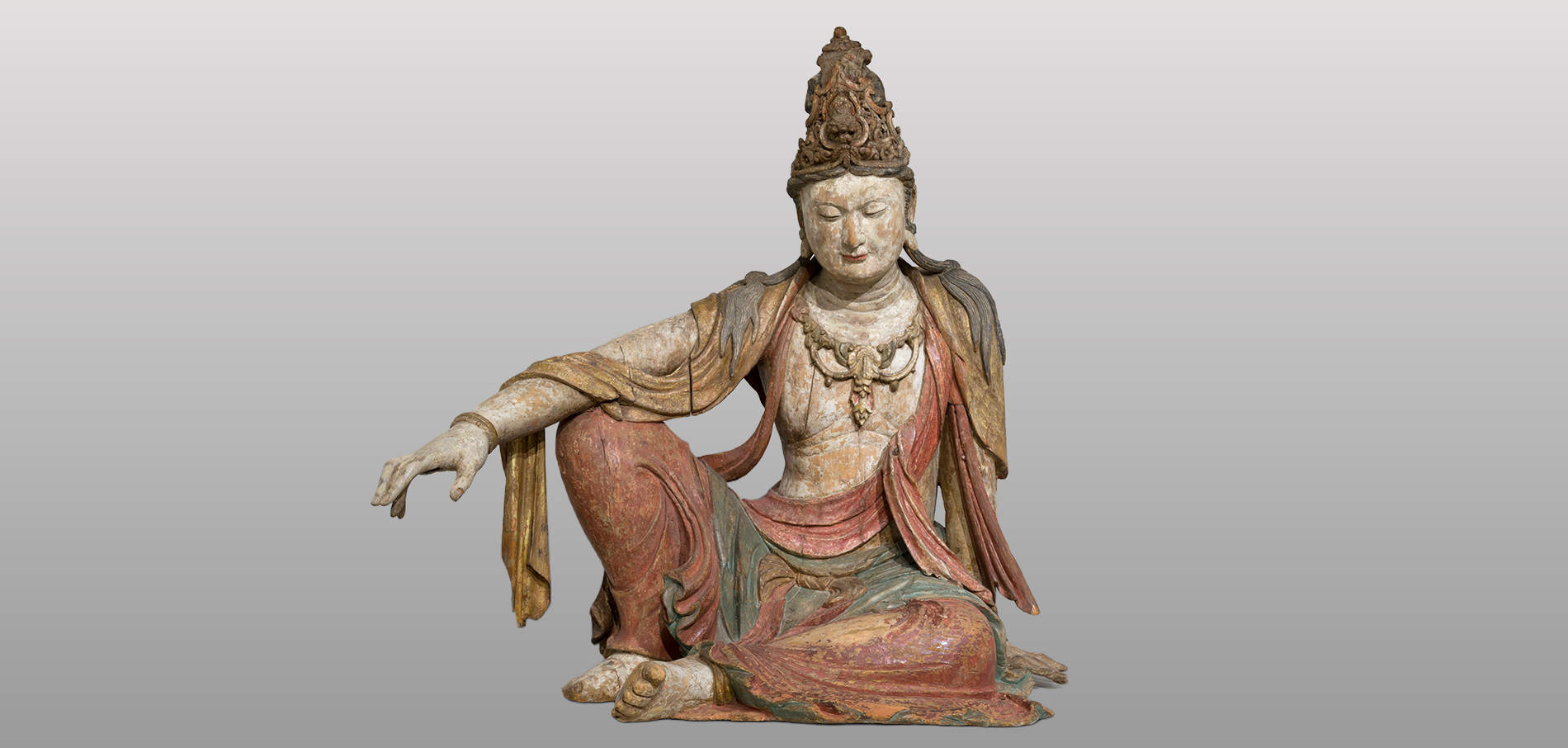 Seated Bodhisattva Avalokiteśvara (Guanyin) of Water-Moon Form, 11th–12th century CE. Chinese, Shanxi province. Wood, gesso, and pigment with gilding, 39 inches (99.1 cm) height. Saint Louis Art Museum, 110:1947.