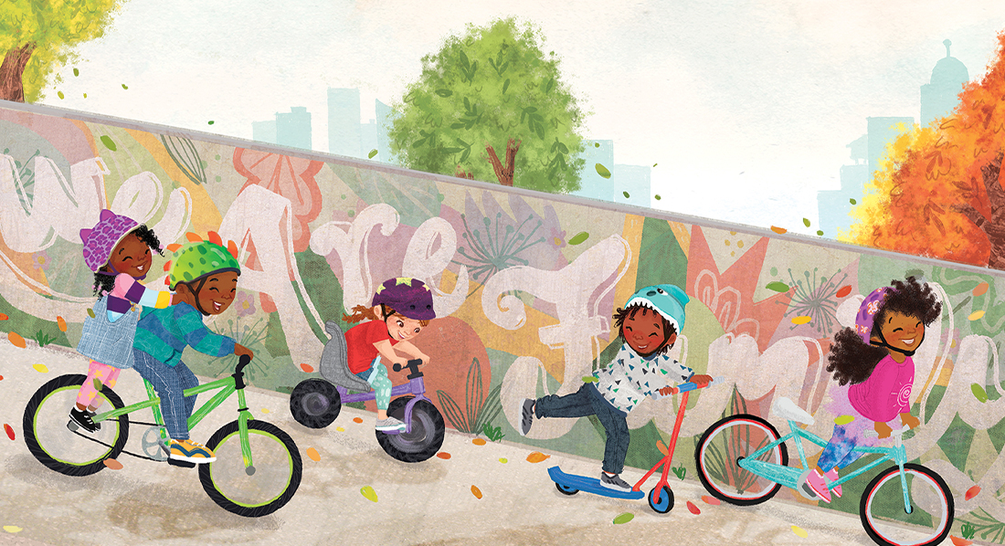 illustration of children on bicycles and scooters