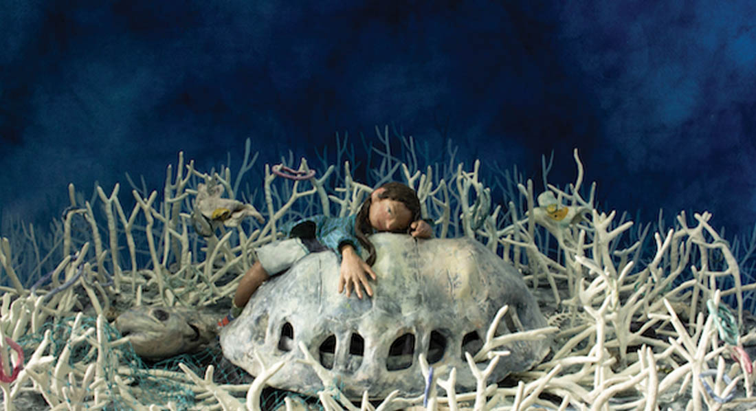 Illustration by Jasmine Tsang, "The Passing of a Turtle" depicting a girl on the remains of a turtle 
