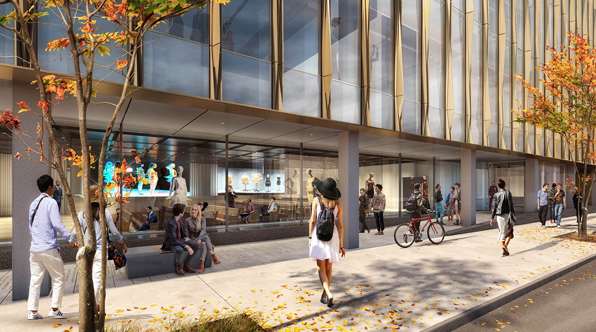 render of new academic building at FIT with people walking by