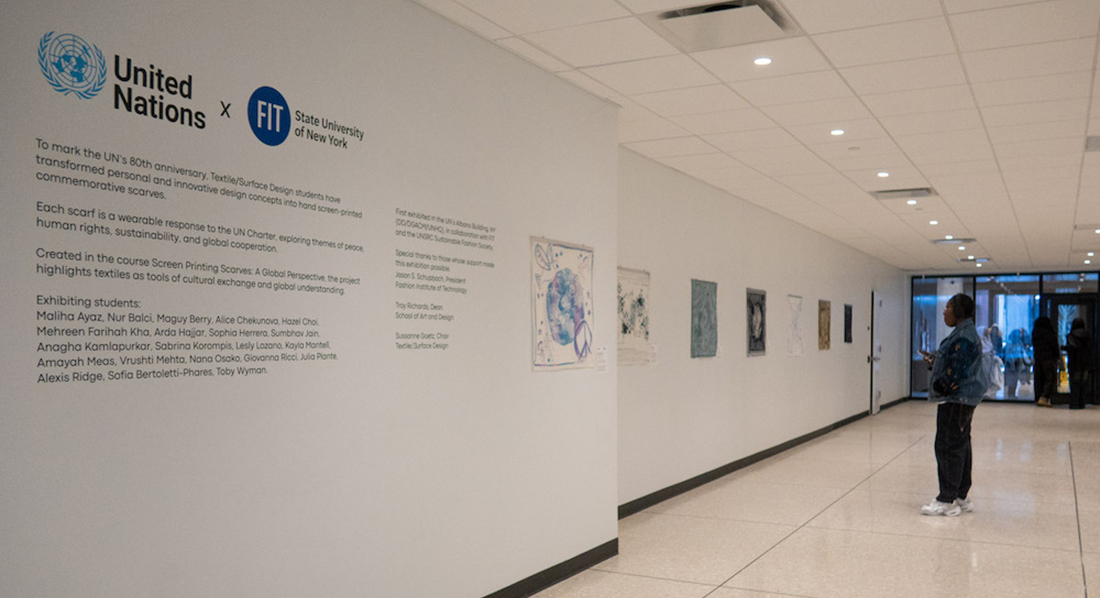 hand screenprinted scarves displayed in Feldman lobby