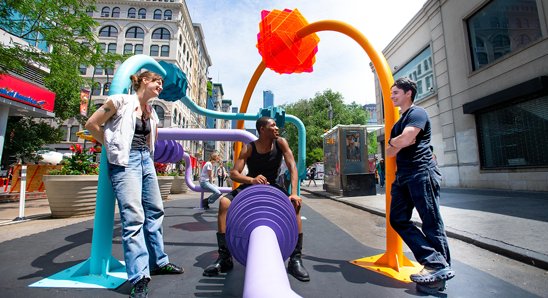Graduate Fine Arts students with their conceptualized sculture in Union Square Park