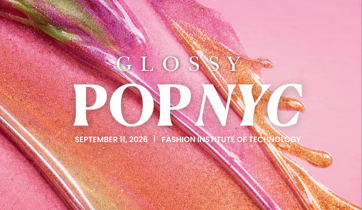 Glittery pink background with text that reads "Glossy Pop NYC / September 11, 2026 / Fashion Institute of Technology