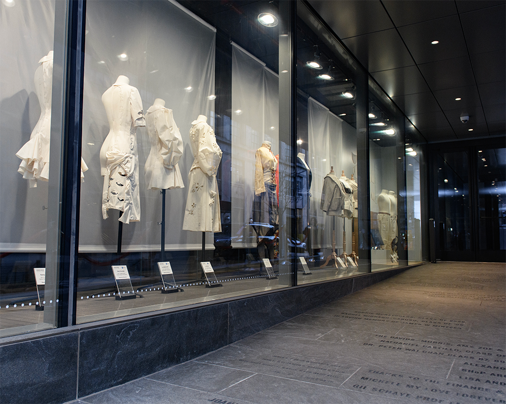 Photo of student work on display behind The Walk at FIT