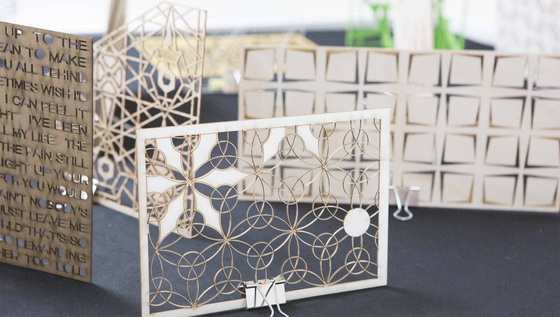 intricate designs laser cut paper and wood materials, produced at PrintFX