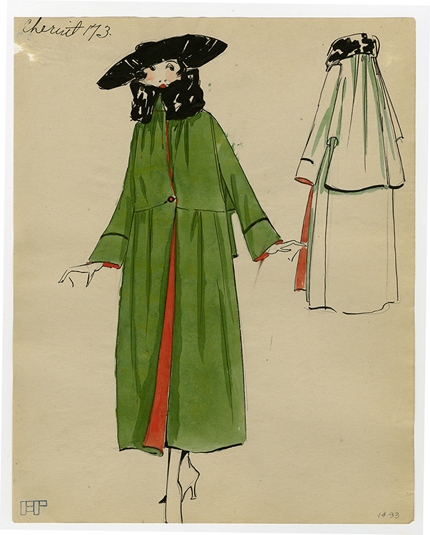 sketch of a green coat by Cheruit offered by A. Beller & Co., circa 1917