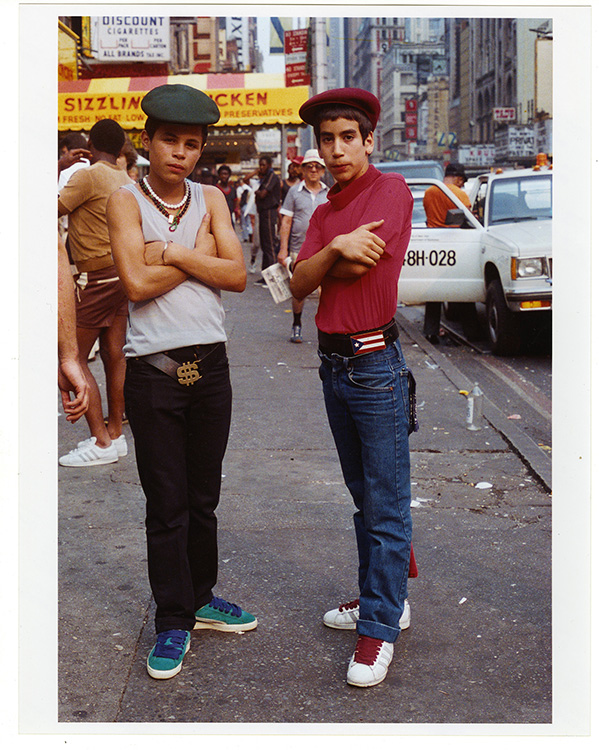 street fashion photograph of two Latinx youths in New York by Jamel Shabazz, 1980