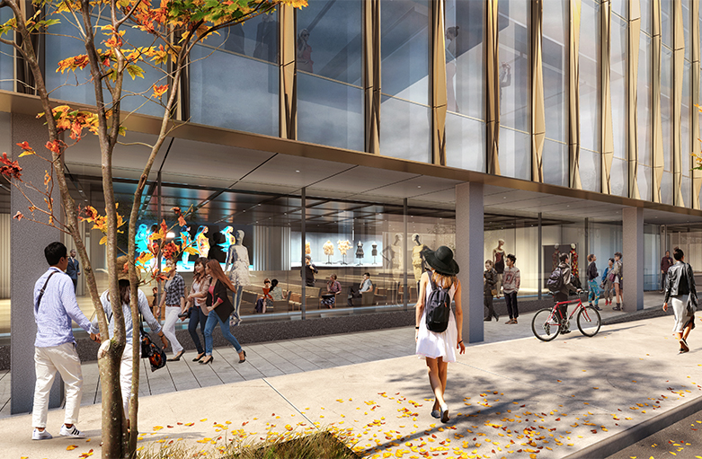 render of new academic building at FIT with people walking by