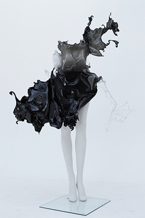 Hand sculpted black to grey acrylic dress in the shape and form of water