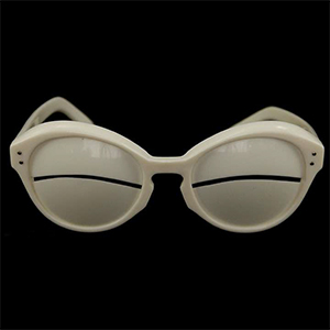 white plastic sunglasses with lens covered except for a small slit.