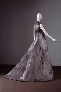 gown in graphite gray duchesse satin