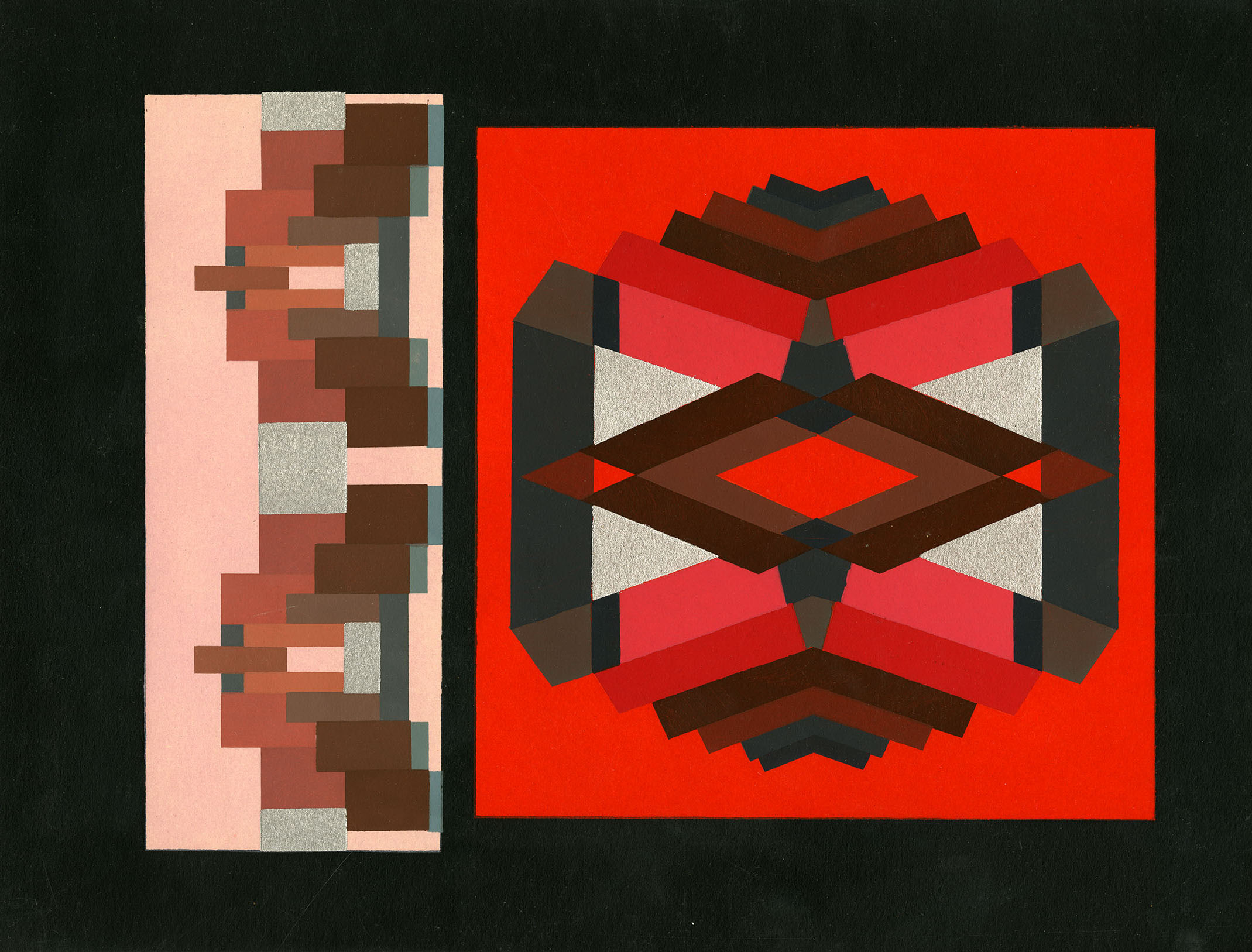 Abstract artwork made up of geometric shapes in red, pink, brown and blue