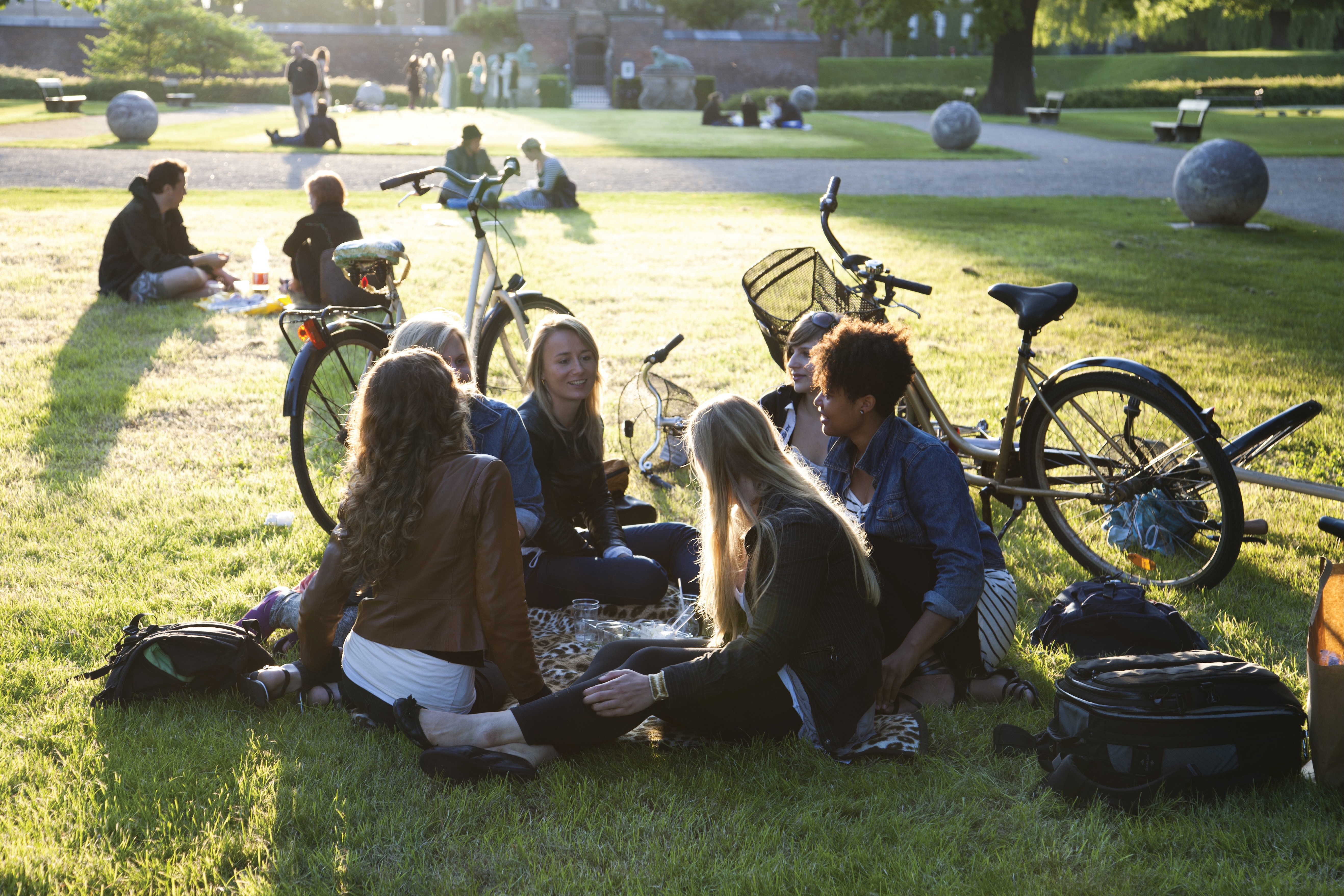 Students in Copenhagen sitting in greenspace with bikes