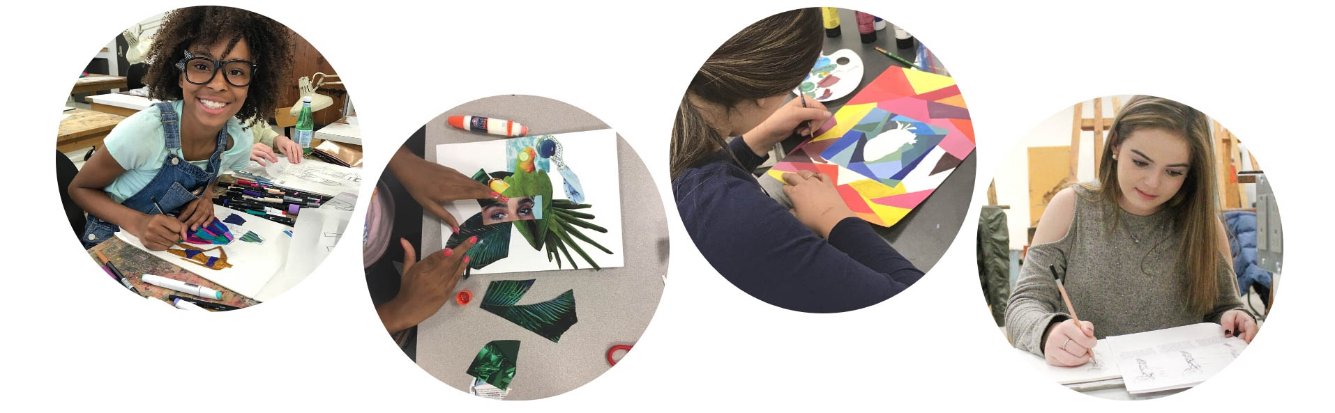 Middle school students working on art projects: collage, colorwheel, painting