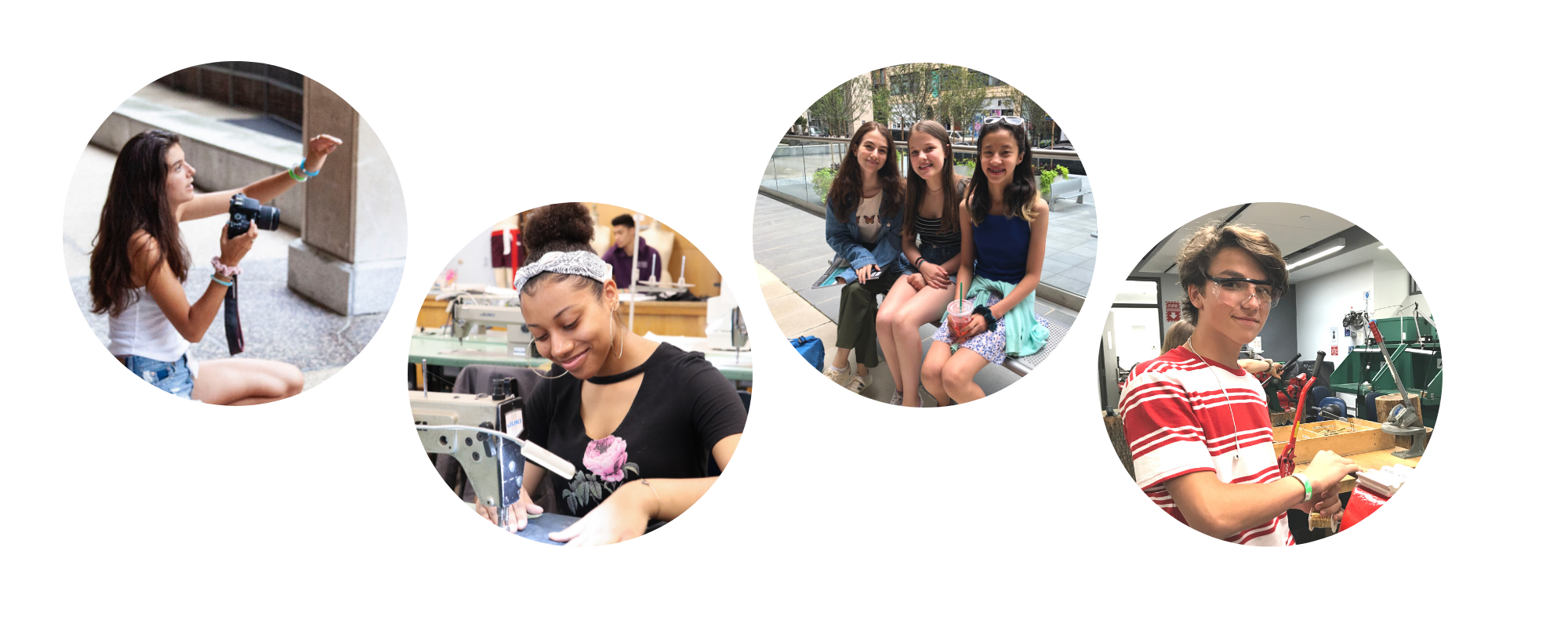 High school students taking pictures outside, in jewelry lab