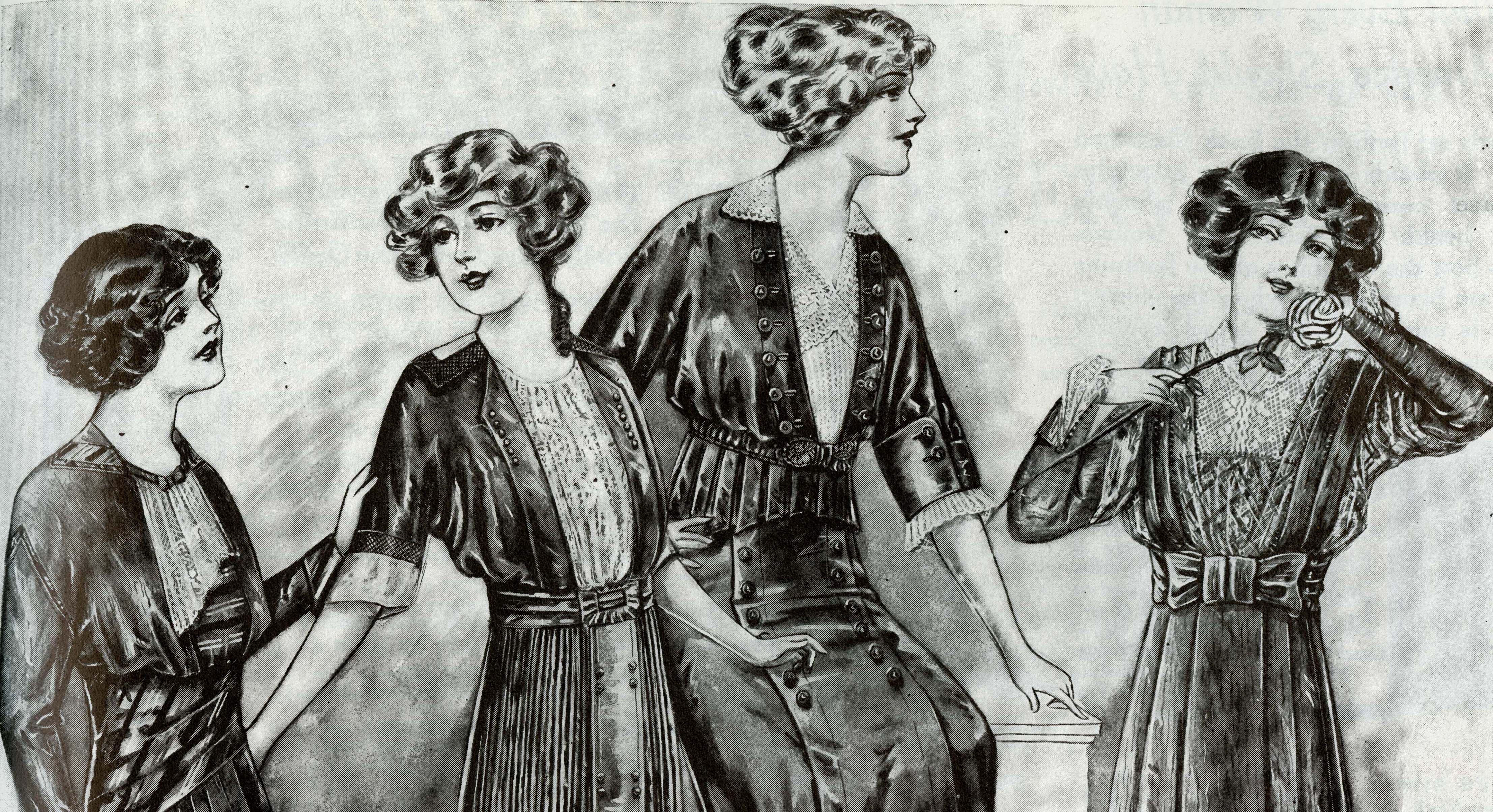 black and white drawing of women from 1913 wearing stylish gowns and hairstyles