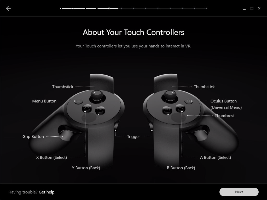 About your touch controllers - thumbstick, menu, grip button, x button (select), y button (back), oculus button (universal menu), thumbrest, a button (select) b button (back) and trigger