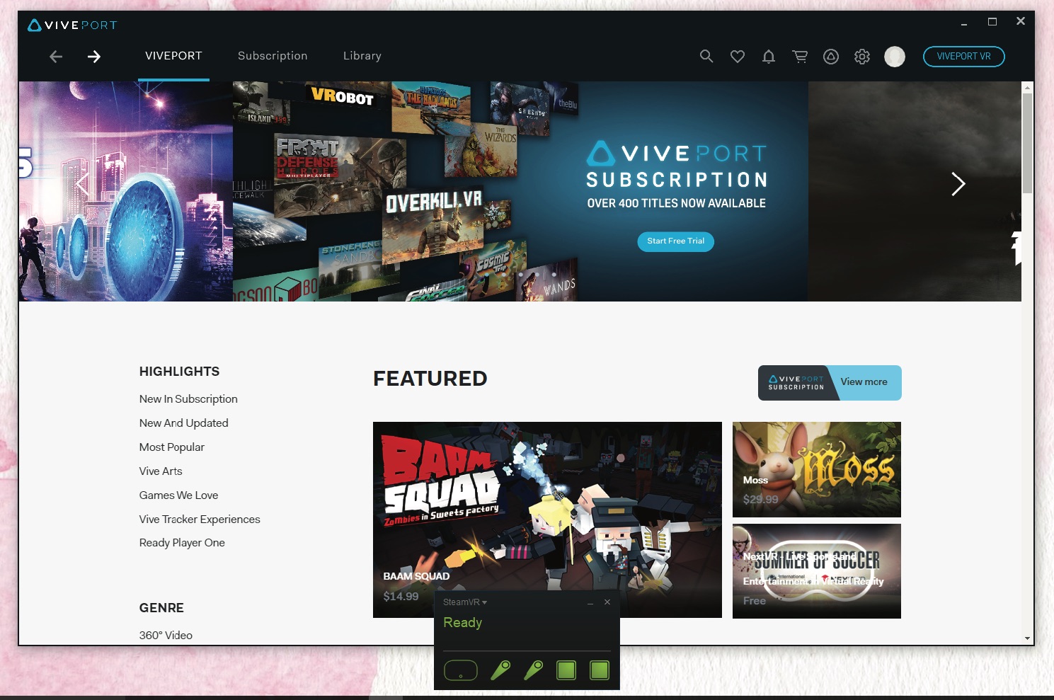 Viveport app showing advertisement for Viveport subscription,featured games and highlight links