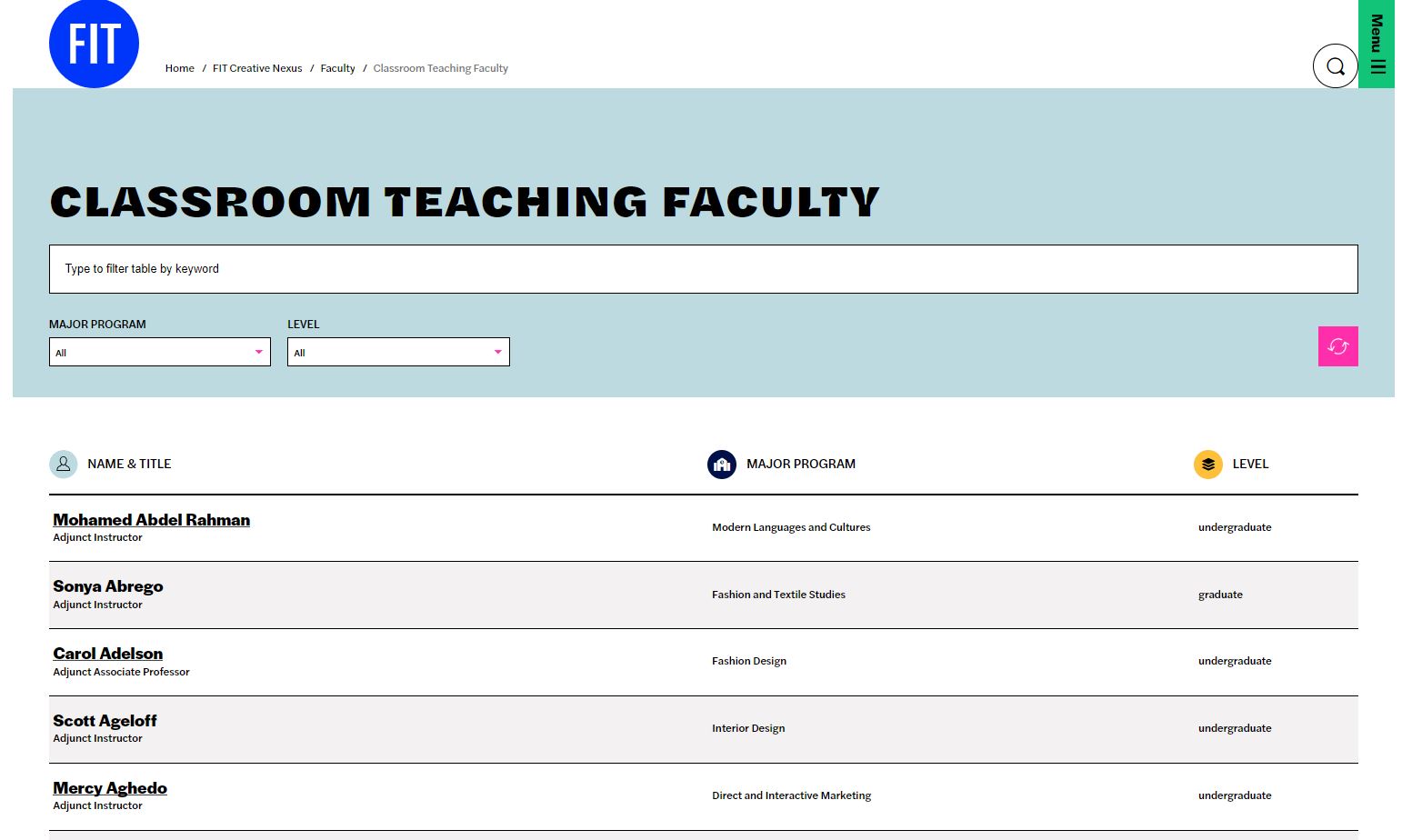 screenshot of classroom teaching faculty list on the website