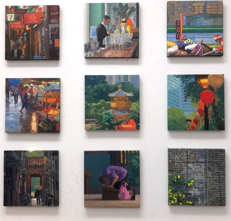 nine small square paintings of various Chinese street scenes