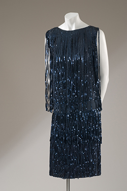 sleeveless shift with blue, sequined vertical ribbons