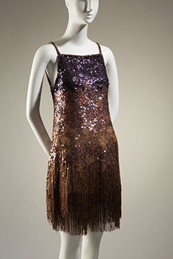 spaghetti strap, sequined mini dress in brown ombre with beaded fringe from hip to hem