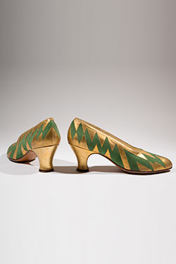 art deco painted gold pumps with green zigzag pattern inset