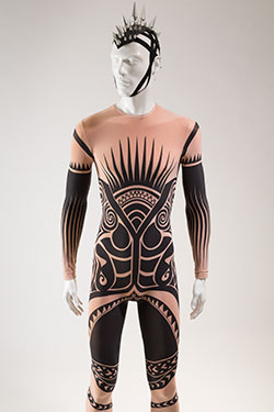 printed unitard with spiked headpiece