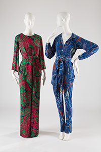 (Left) green, pink, red, violet, paisley tunic with matching pants (Right) royal blue silk crepe de Chine with printed abstract leaves and petals on tunic and matching pants