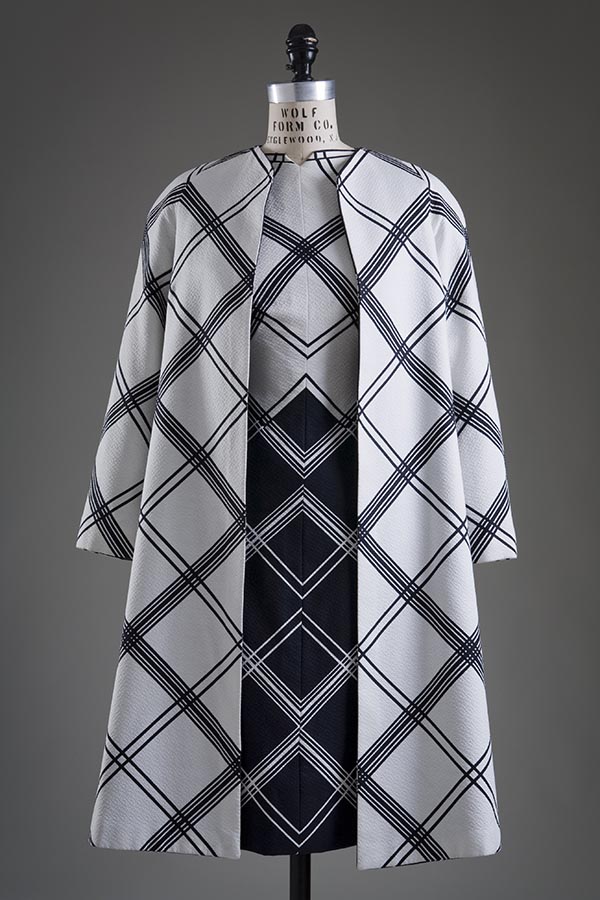 coat and dress with navy diagonal stripes