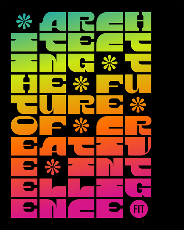 architecting the future of creative intelligence in a thick, gradient font fro blue-green to hot pink