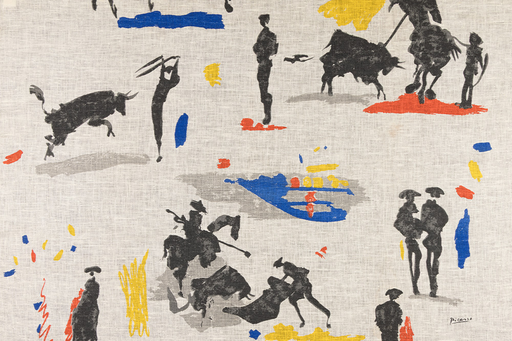 illustration of men bullfighting and riding horses in black with color blots of blue, red, and yellow